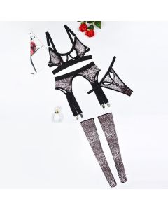 House Of Dasein Sexy Leopard Print Erotic Mesh See Through Shaping Underwear Four Piece Set - S - Black Leopard Pattern Color