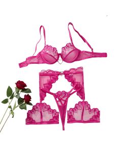 House Of Dasein Love Embroidery Perspective Mesh Sexy Lingerie Thong Set - Rose Red - S