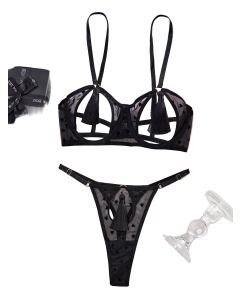 House Of Dasein Love Perspective Mesh Sexy Tassel Fun Hollow Underwear Two Piece Set For Women - Black - S