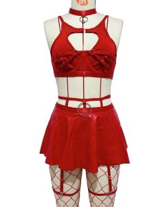 House Of Dasein Lace Sexy Lingerie Set Bra Solid Color Leather Skirt With Fishnet Stockings Women's - Red - M
