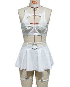 House Of Dasein Lace Sexy Lingerie Set Bra Solid Color Leather Skirt With Fishnet Stockings Women's - White - M