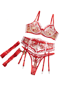 House Of Dasein Sexy Cupid Contrast Heart Embroidery Mesh Boned Waist Bow Women's Lingerie - Red - M