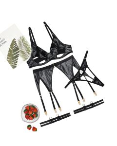 House Of Dasein Hollow Out Backless Transparent Sexy Lingerie Garter Belt Four Piece Set - Black - M