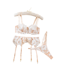 House Of Dasein Sexy Sheer Lace Embroidered Hollow-Out Shapewear Erotic Lingerie Garter Belt Three-Piece Set - White - Xl