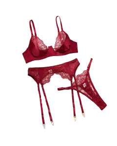 House Of Dasein Sexy Embroidered Lace Bra Underwear Hollow Out Three Piece Backless Women's Lingerie With Silk Stockings - Wine Red - Xl