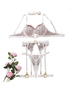 House Of Dasein Metal Buckle Embroidery Mesh Splicing Heavy Duty Erotic Lingerie Five Piece Set - White - S