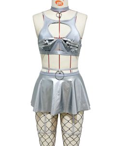 House Of Dasein Lace Sexy Lingerie Set Bra Solid Color Leather Skirt With Fishnet Stockings Women's - Silver - S