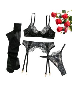 House Of Dasein Heavy Embroidery Sexy Hollow Out Transparent Splicing Lingerie Set With Stockings For Women - Black - Xl