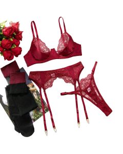 House Of Dasein Heavy Embroidery Sexy Hollow Out Transparent Splicing Lingerie Set With Stockings For Women - Wine Red - M