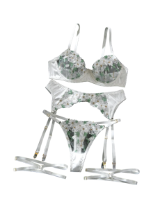 House Of Dasein Sexy Mesh Embroidered Multi Color Floral Bra Set Hollow Shaping Lingerie Four Piece Suit For Women - White - S