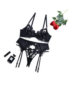 House Of Dasein Lace Mesh Embroidery Sexy Lingerie Gathering Straps Three Piece Set Shaping Body - Black - S