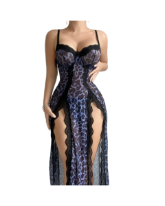 House Of Dasein Sexy Transparent Leopard Print Nightgown And Lingerie Set - Blue - L