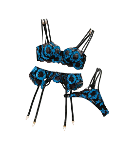 House Of Dasein Sexy Sheer Lace Embroidered Hollow-Out Shapewear Erotic Lingerie Garter Belt Three-Piece Set - Blue - Xl