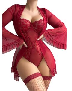 House Of Dasein Lace One Piece Sleepwear Flare Sleeve Sexy Belted Lingerie Set With Stockings For Women - Wine Red - Xl