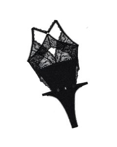 House Of Dasein Lace Patchwork Cross Back Sexy See Through Jumpsuit - Black - L