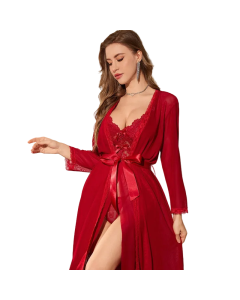 Sexy Mesh Transparent Long Sleeve Nightgown Erotic Set For Women - Wine Red - Xl