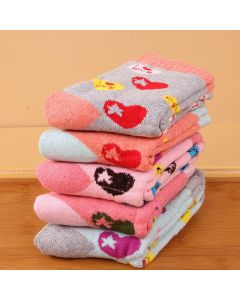Wool Blend Terry Socks 5-Pack - Winter Thick Warm Mid Calf Crew Socks for Women - Colorful Heart Pattern Cotton Socks - 5 Pairs