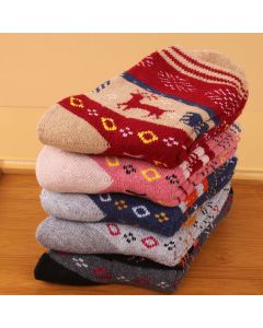 Wool Blend Terry Socks 5-Pack - Winter Thick Warm Mid Calf Crew Socks for Women - Snowflake Deer Pattern Cotton Socks - 5 Pairs
