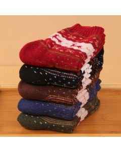 Wool Blend Terry Socks 5-Pack - Winter Thick Warm Mid Calf Crew Socks for Women - Golden Deer Pattern Cotton Socks - 5 Pairs