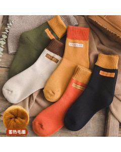 Wool Blend Terry Socks 5-Pack - Winter Thick Warm Mid Calf Crew Socks for Women - Letter Pattern Cotton Socks - 5 Pairs