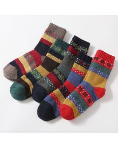 Wool Blend Terry Socks 5-Pack - Winter Thick Warm Mid Calf Crew Socks for Women - Ethnic Octagonal Pattern Cotton Socks - 5 Pairs