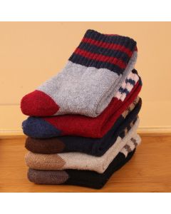 Wool Blend Terry Socks 5-Pack - Winter Thick Warm Mid Calf Crew Socks for Women - Two Stripe Pattern Cotton Socks - 5 Pairs