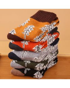 Wool Blend Terry Socks 5-Pack - Winter Thick Warm Mid Calf Crew Socks for Women - Christmas Tree Pattern Cotton Socks - 5 Pairs