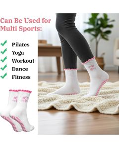 2 Pair Pilates Socks with Grips, Red Pink Non-Slip Pilates Yoga Grip Socks for Women, Cute Ruffle Design, Grippy Sticky Also Perfect for Barre & Fitness, Red & Pink