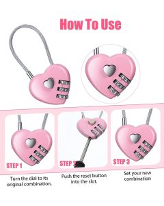 Pink Locker Lock, 3Pcs Heart Shaped Lock, Heart Locks for Suitcase & Locker (3 Colors)
