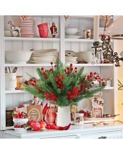 60 PCS Artificial Pine Branches Christmas Faux Pine Greenery Stems Red Holly Berries Fake Cedar Pine Needles Picks for Christmas Tree Wreath Garland  Holiday Home Decoration