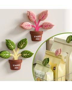 Home Food Bag Freshness Sealer, Creative Plant Pot Magnetic Clips, Multifunctional Fridge Magnet Clips, Cute Leaf-Shaped Food Bag Clips - Pink