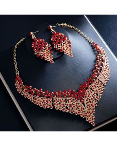 Affordable Luxury, Statement-Making Full-Diamond Necklace and Earring Set, Accessories for Banquets, Parties, and Weddings – Red