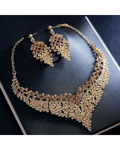 Affordable Luxury, Statement-Making Full-Diamond Necklace and Earring Set, Accessories for Banquets, Parties, and Weddings – Gold
