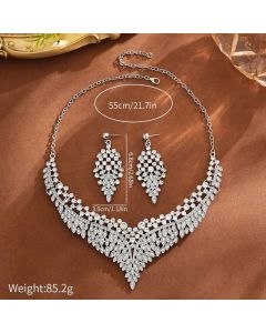 Affordable Luxury, Statement-Making Full-Diamond Necklace and Earring Set, Accessories for Banquets, Parties, and Weddings – Silver