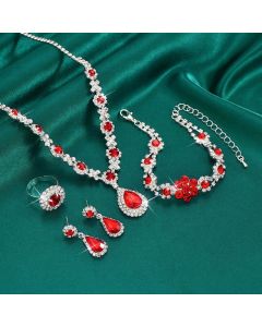 High-end Colored Gemstone Teardrop Jewelry 4-Piece Set, Women's Accessory Set, Wedding and Evening Accessories - Red