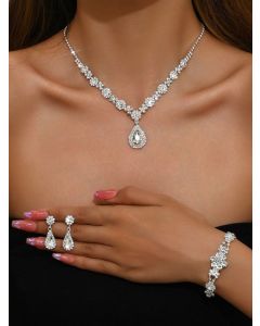 High-end Colored Gemstone Teardrop Jewelry 4-Piece Set, Women's Accessory Set, Wedding and Evening Accessories - Silver