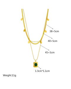French Vintage Emerald Pendant Three-Tier Layered Necklace, 18K Gold-Plated Titanium Collier