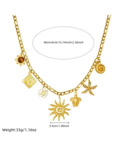 Ocean-themed multi-pendant necklace, gold-plated titanium steel choker, women's vacation-inspired fashion necklace