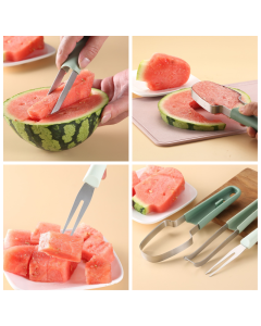 3-in-1 Stainless Steel Watermelon Cutter Set, Multi-Function Melon Slicer, Scoop, and Fork Kitchen Tool—Green