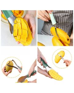 Stainless Steel Mango Cutter 3-Piece Set, Multi-Function Mango Core Remover & Dicer Kitchen Tool—Green