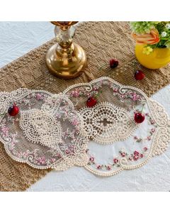 4 Pack Beige French Floral Embroidered Lace Placemats, Rectangular Vintage Sheer Mesh Table Decor Coaster