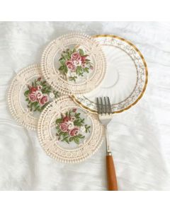 6 Pack Beige Vintage Rose Embroidered Lace Coasters, French Ins Style Round Mesh Heat Resistant Cup Mats