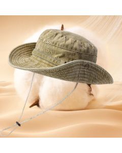 Vintage Washed Embroidered Bucket Hat, Wide-Brim Sun Hat with Drawstring for Hiking and Outdoor Activities - Brown