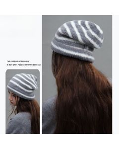 Vintage Stripe Fluffy Knit Beanie, Unisex Slouchy Warm Striped Winter Hat with Slim Face Design - Pink