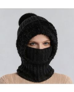 Integrated Knit Hat, Women's Windproof Warm Pom-Pom Hat with Face Cover & Neck Warmer for Winter Cycling - Black