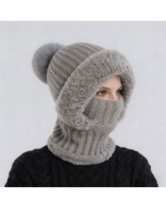 Integrated Knit Hat, Women's Windproof Warm Pom-Pom Hat with Face Cover & Neck Warmer for Winter Cycling - Gray
