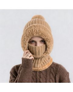 Integrated Knit Hat, Women's Windproof Warm Pom-Pom Hat with Face Cover & Neck Warmer for Winter Cycling - Khaki