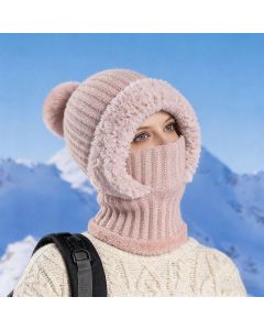Integrated Knit Hat, Women's Windproof Warm Pom-Pom Hat with Face Cover & Neck Warmer for Winter Cycling - Pink