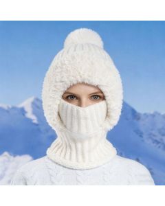 Integrated Knit Hat, Women's Windproof Warm Pom-Pom Hat with Face Cover & Neck Warmer for Winter Cycling - White