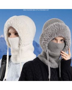 Fleece Ear Protection Integrated Knit Hat, Women's Windproof Balaclava Hat with Face Mask & Neck Warmer—Gray